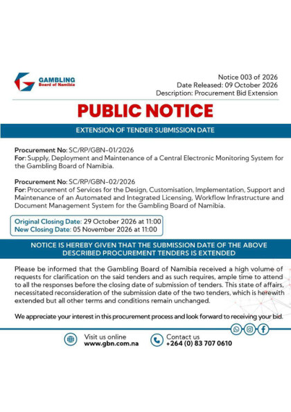 Public Notice 003 of 2026: extension of tender submission date